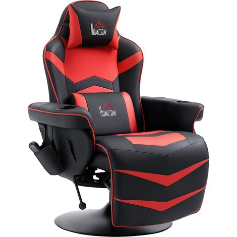 Sedia da Gaming Massaggiante con Poggiapiedi e Cuscino, in Finta Pelle, 78x80x111.5 cm, Nero e Rosso
