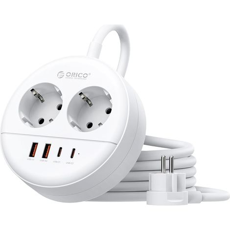 Multiprise Ronde 2 Prises AC avec USB C, 2500W, 2 USB-A, 2 USB-C 20W PD, Câble Extension 1,5m, Fixation Murale, Idéale pour Bureau Maison,Blanc (1/5)