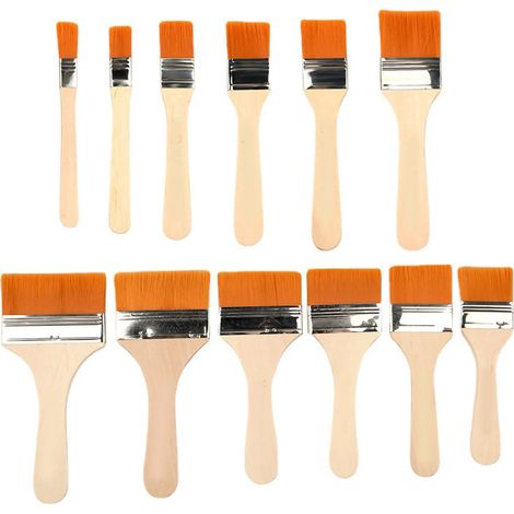 Lot 12 pinceaux plats nylon, manche bois, virole alu, jaune, pour barbecue et peinture (1/5)