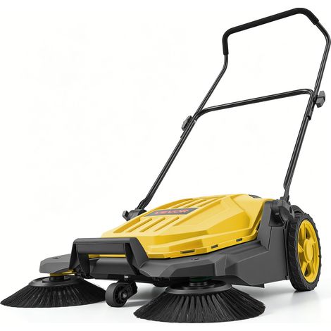 Balayeuse Manuelle à Pousser Balayeuse Mécanique Balayage 650mm Jaune, avec Bac à Déchets de 18,9 L, Poignée Pliable Réglable, pour Jardins, Allées, Terrasses et Garages, Non Électrique