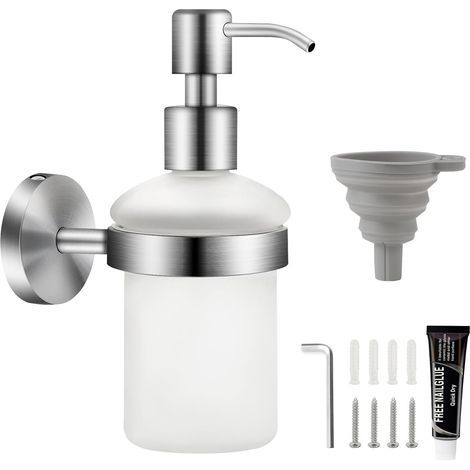 Wandseifenspender, mattes Glas, 200 ml, Edelstahl, kein Bohren erforderlich, Shampoo- und Duschgelspender für Badezimmer, Pumpspender mit Trichter zum Aufstecken (1/5)