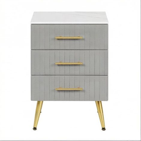 Comodino grigio con 3 cassetti in MDF, velluto e gambe in metallo, 41 x 40,5 x 60 cm (1/5)
