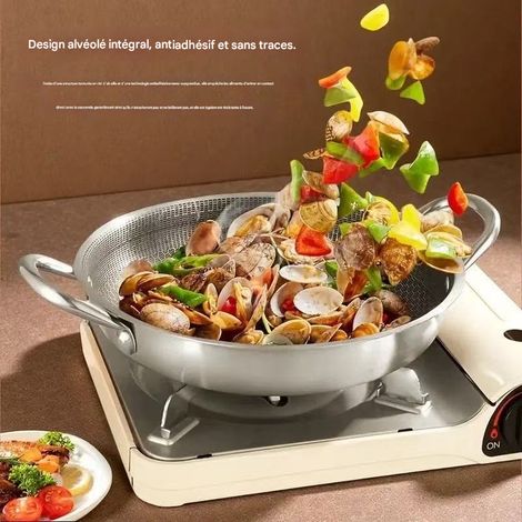 Coffret de 2 poêles en acier inoxydable nid d'abeille antiadhésif à double anses, wok et plat à fruits de mer, compatibles induction et gaz, sain et pratique pour la cuisine domestique (1/5)