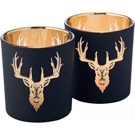 Lot de 2 Photophores Motif Cerf Bougeoirs pour Bougie Chauffe-Plat Noir Mat H 8 cm - PANGIVO