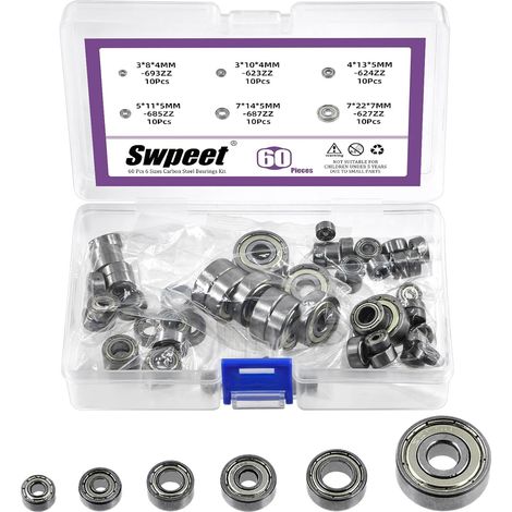 60Pcs 6 tailles 693ZZ, 623ZZ, 624ZZ, 685ZZ, 687ZZ, Kit d’assortiment de roulements à billes 627ZZ, roulements à rainure profonde en acier au carbone, Double blindé (1/5)