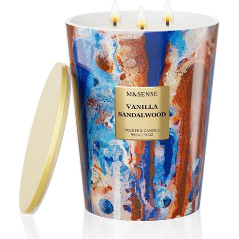 Grande bougie parfumée Vanille Bois de Santal avec 3 mèches, 150h de combustion, cire de soja