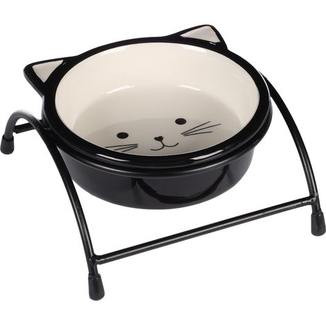 Flamingo Bowl for Food And Water + Cat Holder Ceramic Handle Black/White Round 230 ml