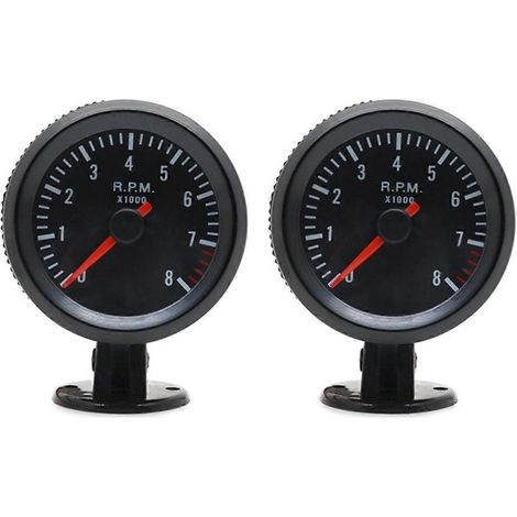Lot de 2 tachymètres de voiture analogiques de 52 mm (2 pouces) avec boîtier noir, 0-8000 tr/min, compatibles avec les voitures à essence de 1 à 8 cylindres. (1/5)