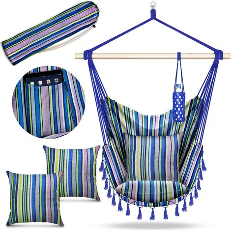 tillvex Silla colgante colorida con 2 cojines  Silla colgante con portavasos y compartimento para libros  Asiento colgante resistente a la intemperie (para interior y exterior)  Cesta colgante con bol