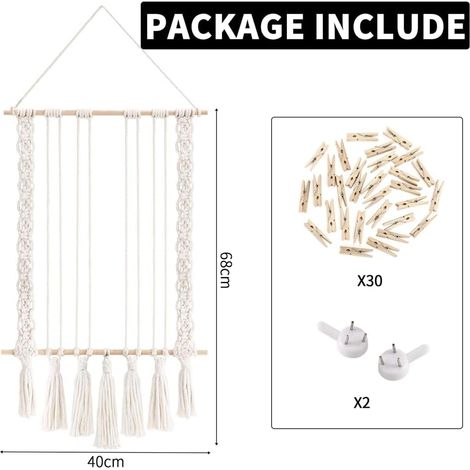 Espositore da parete in macramè per foto con 30 clip in legno, decorazione per la casa in stile bohémien - ALTRO (1/4)
