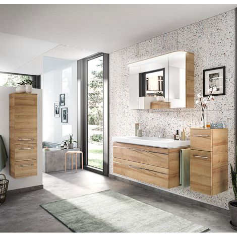 Badezimmer Komplett Set in Riviera Eiche quer Nb., inkl. Beleuchtung und Waschbecken, BUDVA-66, B/H/T ca. 215/200/49 cm (1/5)