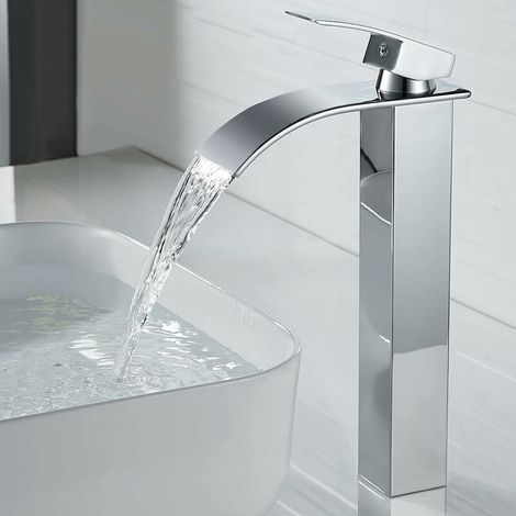 Modern High Waterfall Sink Faucet, Elegant Design Waterfall Bathroom Faucet, High Brass Single Lever Basin Mixer Tap, Hot and Cold Water Available, Chrome Waterfall Faucet (1/4)