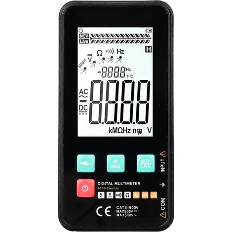 Multimetro digitale compatto e intelligente con supporto, 5999 conteggi, schermo LCD retroilluminato, misura tensione AC/DC, resistenza, frequenza, continuità (1/5)
