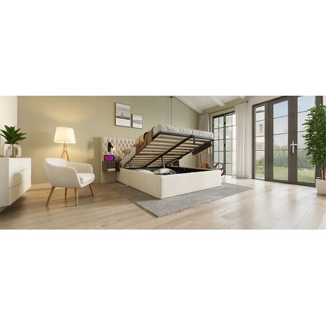 Cama doble con canapé hidráulico 180x200 cm y 2 mesitas con USB y luz LED, beige (1/5)
