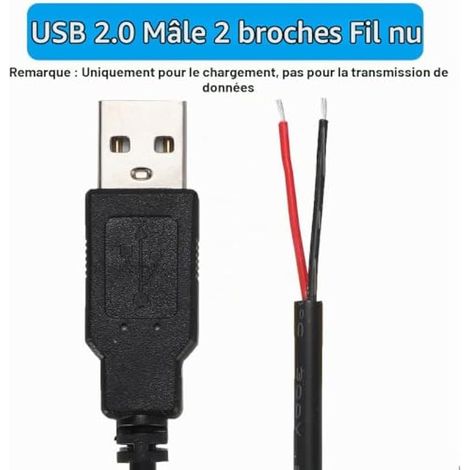 Lot de 10 câbles USB mâles de 1 m, 2 fils, calibre 22 AWG, USB 2.0, extrémités nues, connecteur mâle 2 broches, alimentation 12 V 3 A, couleur noire. (1/4)