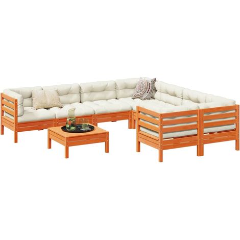 Set de sofás jardín 9 pzas con cojines madera pino marrón cera vidaXL (1/5)