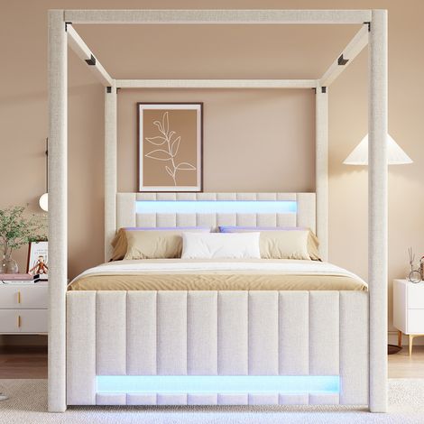 Lit à baldaquin capitonné 140 x 200 cm avec lit gigogne et trois tiroirs, éclairage LED, beige (1/4)
