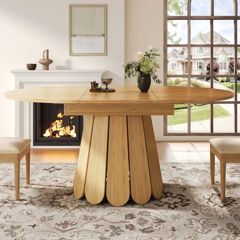 Table à manger ronde extensible 118/158 cm, plateau effet bois en MDF, table repas ovale pour 6 personnes, design moderne pour cuisine et salle à manger (1/5)
