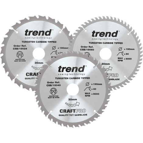 Trend Confezione tripla CraftPro di lame circolari TCT, 190 mm x 24, 40 e 60 denti x 30 mm di foro, con punta in carburo di tungsteno. CSB/190/3PK, Confezione da 3 (1/4)