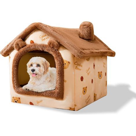 Cave Bed for Cats and Dogs, Warm Plush Igloo, Foldable and Comfortable Home, Non-Slip Bottom (S, Brown Bear) (1/4)