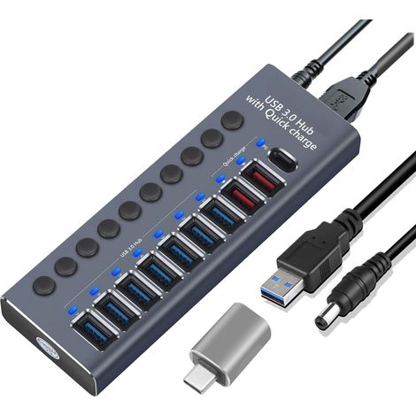 Concentrador USB 3.0 de aluminio con función de carga, adaptador de corriente e interruptores de encendido independientes, color gris plateado, 10 puertos. (1/4)
