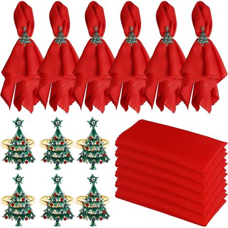 Ensemble de 12 Anneaux de Serviettes et Serviettes en Tissu de Noël : 6 Serviettes Rouges et 6 Anneaux Verts en Sapin, pour Décoration de Table de Dîner (1/4)
