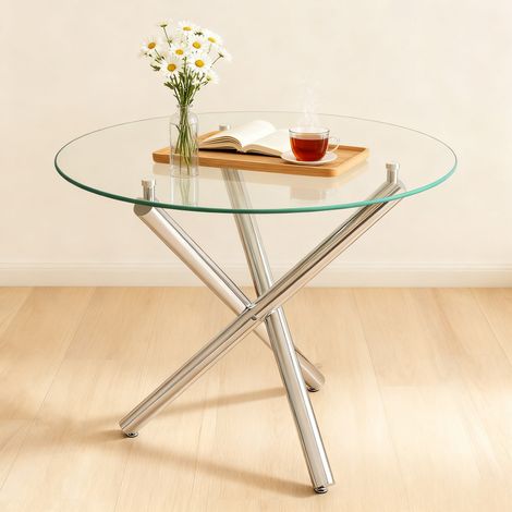 Table ronde en verre trempé avec pieds en métal, table basse minimaliste moderne, table à manger design, 80 × 80 × 76 cm (1/5)