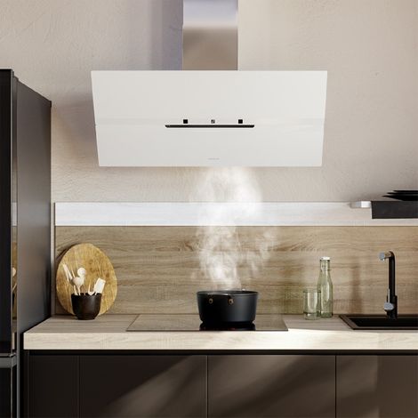 Campana decorativa bolero flux dt 908010 glass white a++ de 90cm de ancho, acabado frontal vidrio blanco mate, chimenea inox, succión 800m3/h, motor 210w, clase a++, control táctil. (1/4)