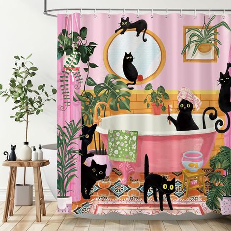 Rideau de Douche Chats Noirs 180 x 180 cm, Thème Rose Fête Salle de Bain Plantes Tropicales Rideaux de Baignoire Imperméable Anti-Moisissures Tissu avec 12 Crochets (1/5)