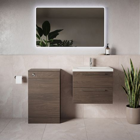 Napoli 390 Brown Oak 1100mm Wall Mounted 2 Drawer Vanity Unit and Toilet Suite with Glide Basin - 1100mm - Chrome 320mm HandleWithout Kingston Toilet Pan