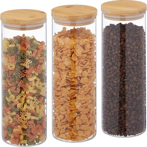 Relaxdays Botes Cristal 1600 ml, Set 3, Recipientes Cocina Grandes, Tapa Bambú, Tarros Herméticos, Transparente/Natural
