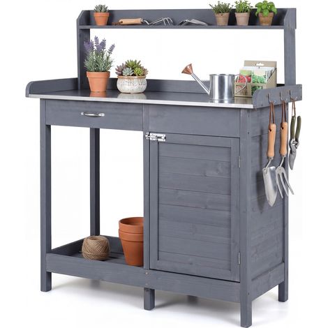 COSTWAY Table de Rempotage en Bois de Sapin Plateau en Acier Inoxydable (Gris)