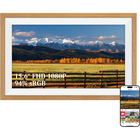 94% sRGB Cadre Photo Numérique 15.6 Pouces Grand Format WiFi, Mémoire 32Go écran Tactile IPS 1920 1080 FHD, Partage de Photos Vidéos, Cadeau Femme Homme, Bois de Chêne (1/5)