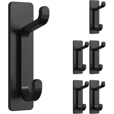 6 PicesCrochet Adhesif Mural, Porte Serviette Salle de Bain, Accroche Torchon Cuisine, Porte Manteau Adhsif, Attache Murale Sans Percer, Etanche, Antirouille, Noir (1/5)