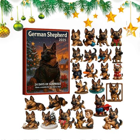 Calendrier de l'Avent 2025 Berger Allemand, calendrier de l'Avent original sur le thème des chiens, 24 décorations plates 2D représentant des bergers allemands (1/5)