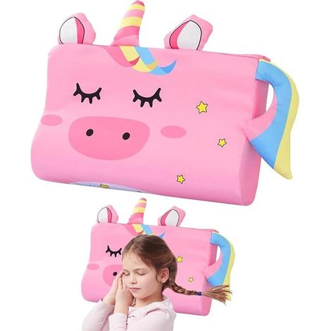 Oreiller enfant en mousse à mémoire de forme - 44 x 27 cm - Motif licorne - Taie d'oreiller amovible - Confortable - Design ergonomique - Cadeau idéal pour une fille - Rose (1/5)