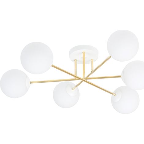 Plafoniera Moderna Magnium 6 Luci In Acciao Oro E Sfere In Vetro Bianco (1/5)