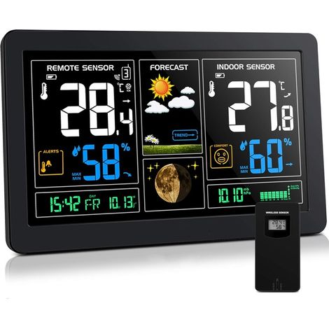DCF Station Météo avec Intérieure Extérieure Capteur sans Fil, Thermomètre Hygromètre Baromètre Phase de la Lune 9-in-1 Numériques Écran LCD Coloré avec Réveil Snooze Météo Prévisions