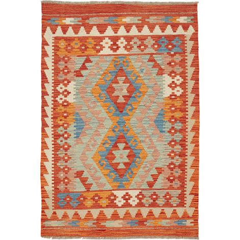 Tapis kilim 86 x 126 cm, motif ethnique, en laine naturelle, rouge, bleu et orange, tissé plat artisanal (1/5)