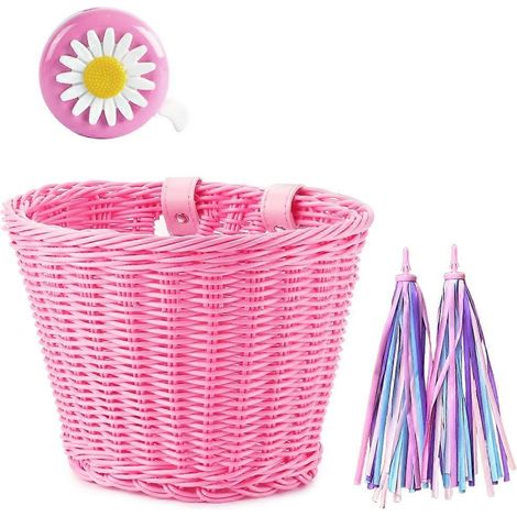 Ensemble de panier avant de vélo en rotin tressé + sonnette + pompon + autocollants, réglable, tissé à la main, accessoires de guidon pour vélo adulte, rose (1/5)