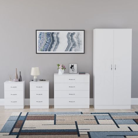 Riano 4 Piece Bedroom Set (3 Drawer Bedside Chest, 4 Drawer Chest, 2 Door Wardrobe) White (1/5)