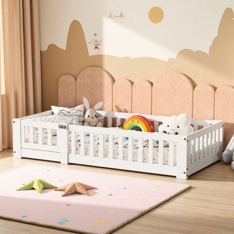 Cama infantil 90x190 cm, Cama baja, Cama individual, Estructura de cama 90x190 cm, Barreras de seguridad, Madera maciza, Somier, 1 plaza, Blanco (1/5)