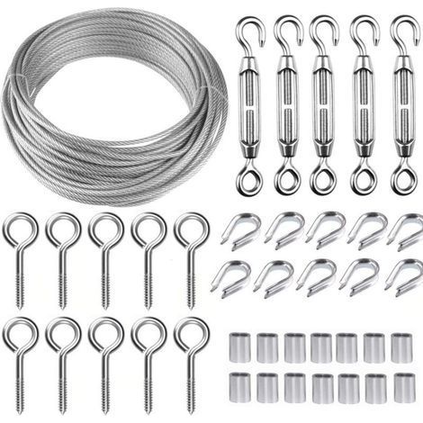 30M Corde en Acier Inoxydable à Suspendre Kit,Kit Cable Métallique,2mm Cable en Acier Inoxydable Revêtu,avec M5 Tendeur Cable et Crochets à Oeil,pour Plantes Grimpante,Rambarde,Corde a linge,-- (1/5)