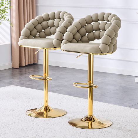 Tabourets de bar en velours gris, lot de 2 – dossier à chaîne de billes, structure réglable dorée, élégants pour îlot de cuisine, bar à domicile et coin repas (1/5)