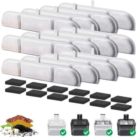 Filtre Fontaine Eau Chat,12 Set Filtres de Remplacement pour DownyPaws 2.5L Fontaine à Eau sans Fil, Avec 12 filtres pour fontaine à eau et 12 éponges pour pompe, Convient pour DPWFP6 (1/5)