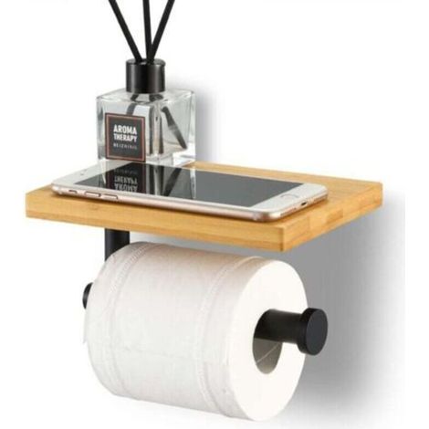 Porte Papier Toilette avec Etagère Bambou Salle de Bain Porte Rouleau en Acier Inoxydable SUS304 Support Mural Installation avec Vis ou 3M Auto-adhésif Noir (1/4)