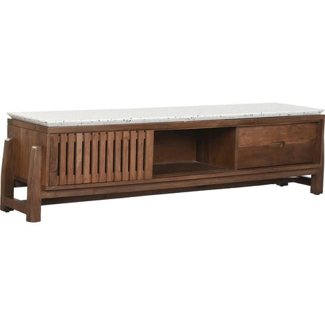 Meuble TV acacia terrazzo style oriental et moderne - bois foncé et terrazzo blanc (1/5)