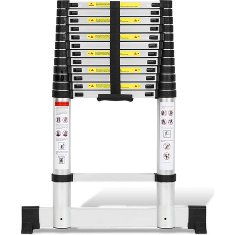 Wolketon Aluminium-Teleskopleiter 3,8 m, gerade Anlegeleiter mit Stabilisator, belastbar bis 150 kg