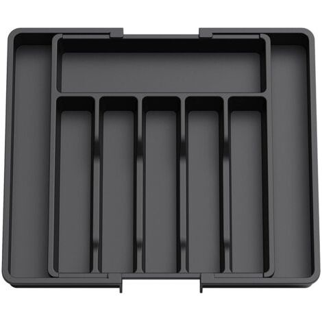 QORVA-Organisateur de couverts, organisateur de couverts extensible pour tiroirs de cuisine, support de rangement en plastique pour couverts, cuillères, fourchettes, couteaux, grand, noir (1/5)