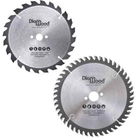 DIAMWOOD - Pack 2 Lames Scie Circulaire 180 mm - Al. 30 mm - Z24 Débit Bois Massif Charpente - Z48 Universelle Menuiserie Panneaux Contreplaqués (1/5)